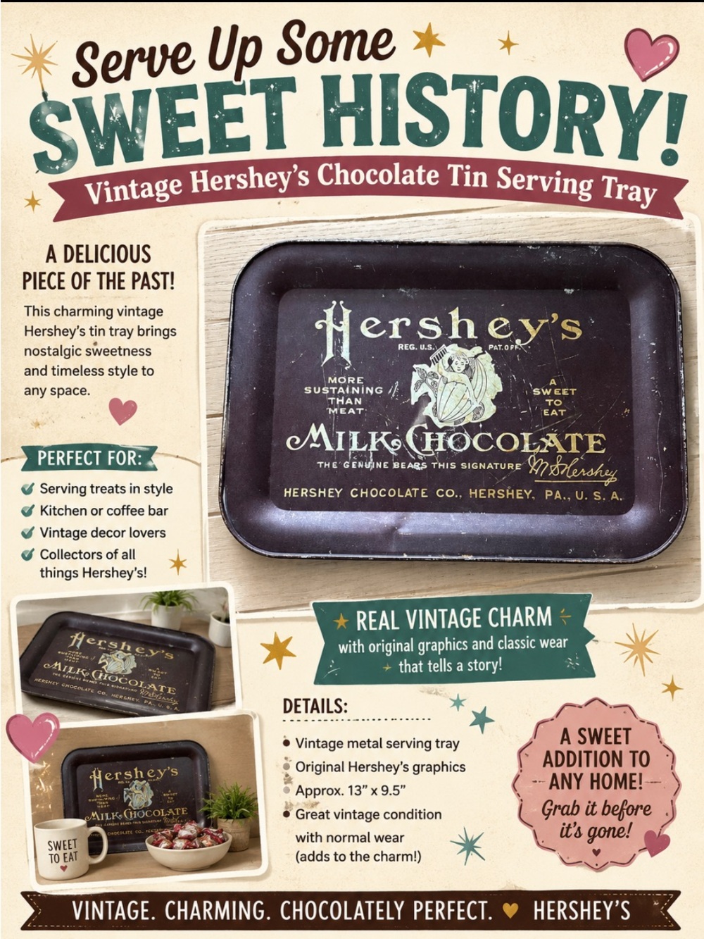 Nostalgic Vintage Rustic Charming Cottagecore Decor Hersey’s Chocolate Tray